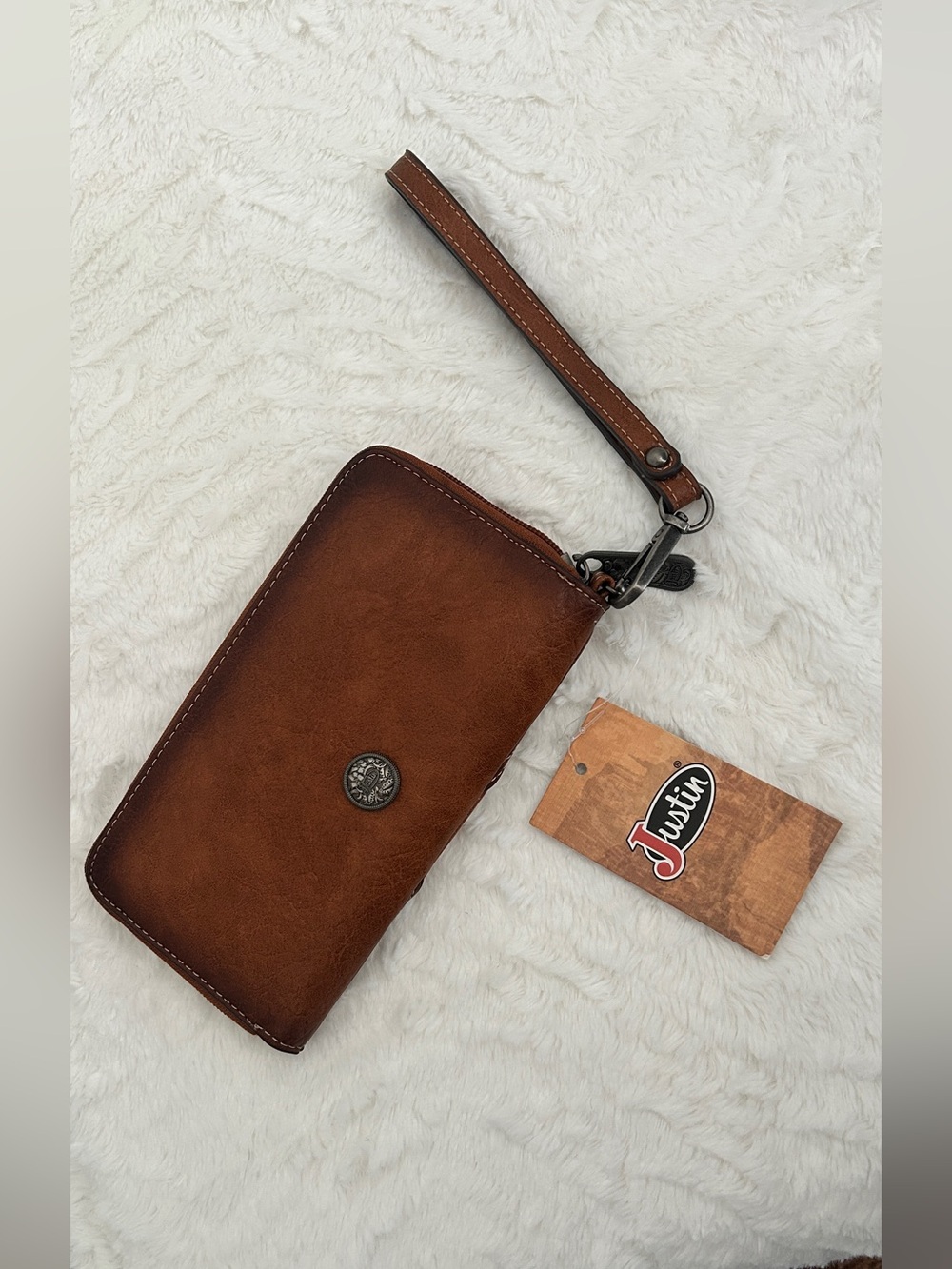 Justin Boots Tan Brown Leather Wristlet Wallet with Wrist Strap